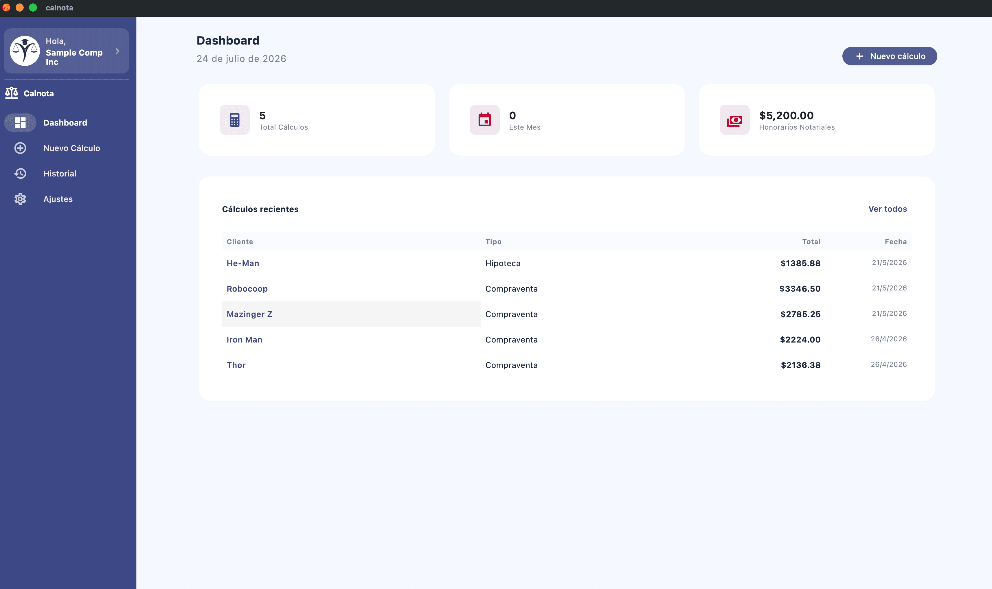 Calnota Desktop — Dashboard